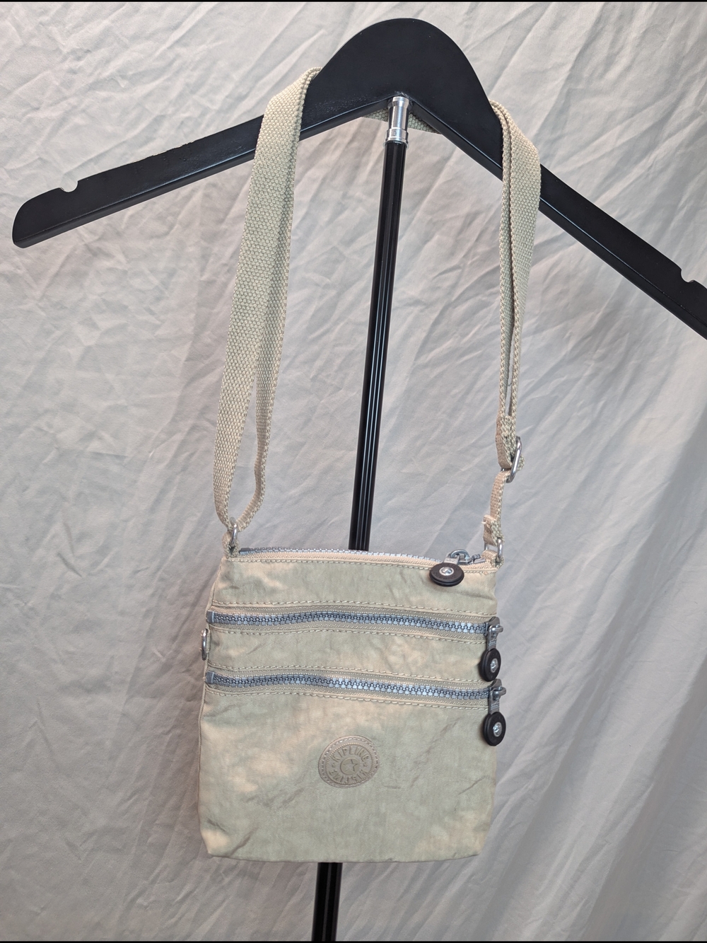 Kipling Alvar Compact Small Beige Crinkle Nylon Crossbody Bag